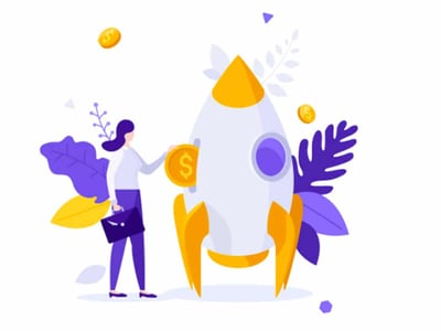 This detailed illustration, set against a clean white background with a subtle gray gradient at the bottom, depicts a stylized white rocket with golden fins and a yellow nose cone, symbolizing a startup or a growing company. A professional-looking woman in a white blouse and dark blue skirt, holding a briefcase, is placing a large golden coin with a dollar sign into an opening on the rocket, representing investment in early-stage companies through venture capital. Several other golden coins float around the rocket, signifying potential returns from these investments. Accompanying the scene are abstract purple and yellow foliage elements, adding a touch of growth and innovation, reinforcing the theme of investing in private companies before their initial public offering (IPO) and the potential for becoming a millionaire through smart venture capital strategies made more accessible by the JOBS Act.