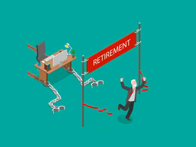 An isometric illustration depicts a man celebrating as he breaks through a red "RETIREMENT" banner, having outrun his office job, which is portrayed as a monstrous, wheeled desk with chains for legs. The man, dressed in a business suit, has his arms raised in triumph, symbolizing the achievement of financial independence and early retirement. The banner represents the goal of the F.I.R.E. (Financial Independence, Retire Early) movement, while the desk-monster signifies the demanding nature of traditional work from which he has escaped. This visual metaphor highlights the article's discussion of disciplined savings strategies and the pursuit of freedom from financial survival to achieve a desired lifestyle.
