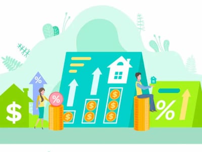 This illustrative graphic depicts various financial elements against a soft green and white background, symbolizing growth and investment. On the left, a green house icon features a prominent dollar sign, representing real estate investment, with an upward arrow and percentage sign indicating increasing value. A woman stands beside a stack of coins topped with a pink circle containing a percentage symbol, suggesting interest or returns. In the center, a large blue chart shows several upward arrows and house icons, further emphasizing property value appreciation. To the right, a man sits on a stack of gold coins, holding a small house, with a large green upward-pointing arrow and percentage sign signifying overall market or investment growth, relevant to discussions on avoiding wash sales and understanding tax-loss harvesting for investors.
