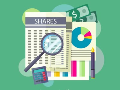 This detailed graphic visually represents the concept of investing in InfraShares, a crowdfunding platform for infrastructure projects, set against a green background. The central focus is a document titled "SHARES" with lines of text resembling a ledger, suggesting financial records and investment opportunities. A large magnifying glass prominently placed over this document symbolizes careful review and analysis of these shares, aligning with the article's purpose of providing an "InfraShares review." To the right, another document displays a colorful pie chart and bar graphs, representing diverse financial data, portfolio diversification, and potential returns from infrastructure investments. Above these documents, stacks of dollar bills with prominent dollar signs signify the financial rewards and capital involved in such projects. A small calculator sits at the bottom, further emphasizing financial calculations and smart investing. This image effectively illustrates the article's theme of making large infrastructure project investments accessible to the average investor through platforms like InfraShares.