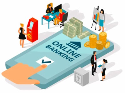 This detailed isometric illustration visualizes the comprehensive services offered by Square Business Banking, emphasizing the convenience of managing business finances in one place. A large smartphone with "ONLINE BANKING" displayed prominently on its screen serves as the central hub, with a finger poised to tap a checkmark, symbolizing ease of use and approval. Around the phone, various business activities unfold: a woman interacts with an ATM, two individuals work at computers in an office setting, and a woman presents a chart on an easel. Stacks of money, both bills and coins, are piled on the phone, representing financial transactions and growth. Below the phone, a small safe and two business professionals in conversation further underscore the secure and comprehensive nature of business banking solutions. The image effectively conveys how Square helps small business owners streamline their checking, savings, and loan needs, minimizing hassle and stress associated with multiple financial accounts.