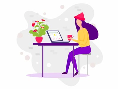 This illustrative graphic, titled "Support From Parents Survey," depicts a millennial woman with long purple hair, wearing a yellow long-sleeved shirt, purple pants, and a red beanie, sitting at a dark purple desk. She is holding a red mug in her left hand, looking at a laptop displaying a survey or questionnaire with red and white elements. A potted plant with red flowers sits on the desk to her left. The image, set against a light gray, abstract background, visually represents the topic of millennials receiving financial and other forms of support from their parents, especially in the context of the economic challenges highlighted in the article, such as those related to the pandemic and millennial net worth. The image serves as a visual introduction to the survey findings discussed in the article from "The College Investor."