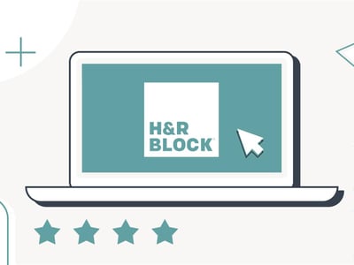 A stylized, modern illustration depicts a laptop displaying the H&R Block logo on its screen, set against a light teal background with a prominent white cursor pointing to the logo. Above the laptop, four solid teal stars are visible, indicating a positive rating, while the text "THE COLLEGE INVESTOR" is partially shown in the top left corner, suggesting the source of this review. The overall image reinforces the article's focus on H&R Block's online tax software, highlighting its ease of use and premium services for tax filers, as the laptop represents the online tax preparation experience and the stars denote its high ranking among competitors like TurboTax and TaxAct. Source: The College Investor