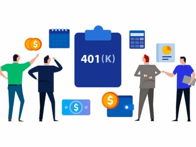 This illustrative image visually represents the concept of 401k plans for small businesses, a central theme of the article reviewing Human Interest. The graphic features five stylized figures, presumably business owners or employees, interacting with various financial icons. A large blue clipboard prominently displays "401(K)," symbolizing the retirement plan itself. Surrounding it are smaller icons: a calendar, a calculator, a coin with a dollar sign, a bill with a dollar sign, a wallet with a dollar coin, and a chart illustrating financial growth. These elements collectively depict the administrative aspects, costs, savings, and investment potential associated with establishing and managing a 401k. The image reinforces the article's focus on how providers like Human Interest simplify the process of offering low-cost 401k plans to small and medium-sized businesses, addressing historical challenges and costs that made such plans prohibitive.