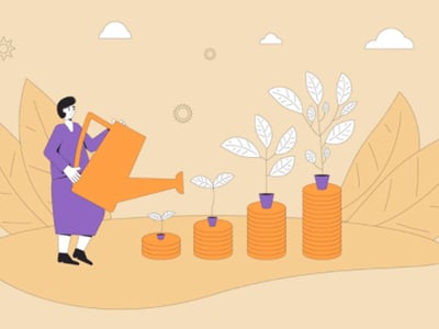 An illustration shows a person in a purple shirt and dark pants watering small plants growing out of stacks of gold coins, symbolizing investment growth. The person holds a large orange watering can and tends to four plants, each progressively taller and sitting atop a larger stack of coins, depicting the accumulation of wealth over time. The background is a soft beige with stylized leaves, clouds, and sun icons, reinforcing a positive and nurturing environment for financial growth. In the bottom left corner, "THE COLLEGE INVESTOR" logo is prominently displayed. This image visually represents the concept of diligently nurturing investments, like a 401k plan, to achieve successful retirement and financial security, a key theme in the article about Guideline's low-cost 401k plans for small businesses.