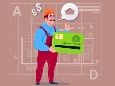 A cartoon illustration features a construction worker in an orange hard hat and red overalls holding a large, green credit card, while a thought bubble above his head displays a house icon. The credit card, a visual representation of credit-building apps and tools, has a small house logo in the top right, symbolizing home mortgages and property ownership, which often require a solid credit history. The background is a blueprint-style drawing with architectural letters and numbers like "A," "B," "C," "D," "15.6," and "1/3," emphasizing the foundational aspect of building credit and connecting it to significant financial milestones such as qualifying for loans. Two dollar signs float above the worker's head, representing the financial benefits and improved interest rates associated with a good credit score. The image effectively illustrates the article's focus on understanding credit history, how it's used by lenders, and the importance of credit-building apps to achieve financial goals like homeownership. Source: The College Investor