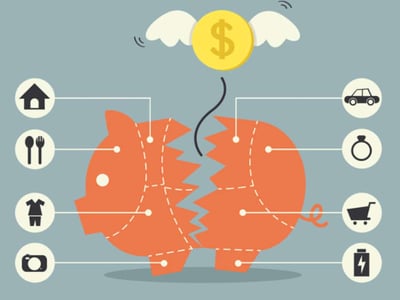 This image features a broken orange piggy bank, split down the middle but still connected by a thin, wavy line, against a light blue background. Above the piggy bank, bold red and blue text reads "BEST BANK ACCOUNTS TO GET YOUR TAX REFUND OR DIRECT DEPOSIT EARLY." A glowing yellow sun-like icon is positioned just above the piggy bank. On either side of the broken piggy bank, several white outlined icons are connected by dashed lines, representing different financial concepts relevant to early direct deposit services. These include icons for a house, cutlery, a t-shirt, and what appears to be a phone or wallet on the left, and icons for a check, a clock, a shopping cart, and a building on the right. This visual clearly illustrates the article's focus on bank accounts that allow early access to paychecks, tax refunds, or other ACH payments, emphasizing the idea of breaking traditional waiting periods for funds. Source: The College Investor