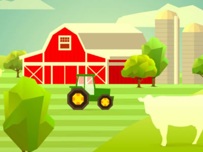 A vibrant, low-polygon style illustration depicts a quintessential American farmland scene, directly correlating with the article's focus on farmland investing. In the foreground, a bright green tractor with large, yellow-rimmed wheels sits on a striped green field, suggesting agricultural activity. Behind it, a classic red barn with white trim and a grey roof stands prominently, flanked by two tall, light grey silos, emphasizing the real estate aspect of farmland. Several cows, depicted as light green silhouettes, graze peacefully in the fields, highlighting the agriculture exposure investors can gain. The background features rolling green hills and a light blue sky with fluffy white clouds, completing the idyllic rural setting. The "The College Investor" logo is visible in the bottom left, branding the image for an article about the unique tax considerations for farmland investors.