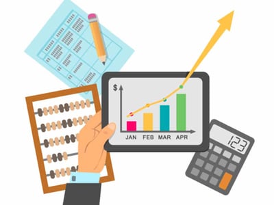 A stylized image illustrating financial growth for small business owners, featuring a dark-skinned hand holding a tablet displaying a bar graph and line chart. The chart shows increasing bars for January, February, March, and April, with a yellow line trending upwards, indicating positive financial performance. A large, bright yellow arrow extends from the tablet, pointing towards the upper right, symbolizing significant business growth. To the left of the hand and tablet is a traditional abacus, representing foundational accounting, and behind it, a light blue grid paper with a yellow pencil, suggesting planning and record-keeping. To the right, a black calculator displays "123," denoting calculations and financial management. In the bottom left corner, "THE COLLEGE INVESTOR" is prominently displayed in white text. This image visually represents the integrated banking and accounting experience offered by Relay Financial, aiming to streamline financial management and enable growth for small businesses.