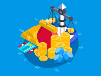 An isometric illustration on a vibrant blue background depicts various financial elements, symbolizing the complexities and aspirations of the Next Gen FSA for federal student loans. On the right, a classic silver scale balances two small piles of gold coins, hinting at the weighing of financial options and the pursuit of fair servicing. To the left of the scale, a large stack of gold bars sits alongside several tall, cylindrical stacks of gold coins with dollar signs, representing accumulated wealth and the financial burden or repayment of student loans. A blue credit card is partially visible underneath these assets. Scattered around the scene are white percentage signs, emphasizing interest rates and financial calculations. The bottom left corner features "THE COLLEGE INVESTOR" logo in white, directly linking the image to the article's focus on student loan management and investment strategies.