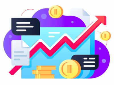 A vibrant, illustrative graphic titled "THE COLLEGE INVESTOR" depicts elements representing the economic cycle and stock market trends, central to understanding cyclical and consumer discretionary stocks. The image features a prominent red arrow sharply ascending from the lower left towards the upper right, symbolizing growth and expansion in the economy. Beneath the arrow, a dynamic red line graph undulates across a blue chart, illustrating the "boom and bust" periods of the economic cycle, including troughs, expansion, peaks, and contraction. Various financial icons are scattered throughout, including golden coins stacked and singular, suggesting investment and monetary value, along with white and dark document icons with lines, possibly representing financial reports or data. This visual encapsulates the article's focus on how investing in cyclical stocks can take advantage of the economic cycle, particularly when consumers have discretionary income during periods of expansion.