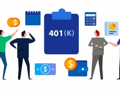 An illustrative image representing a 401k review for small to medium-sized businesses, featuring four stylized figures. Two figures on the left, one in a green shirt and one in a dark suit, appear to be observing a large blue clipboard prominently displaying "401(K)" in white text, symbolizing retirement plans. Above the clipboard, there are icons for money (gold coins), a calendar, and a calculator, all representing financial planning and management. Below the clipboard, there's a dollar bill and a wallet with a gold coin, indicating fees and savings. Two figures on the right, one in a grey suit and another in a blue shirt, are engaged in what appears to be a discussion related to investment options. The overall image, titled "The College Investor," visually conveys the concept of low-cost 401k providers like Employee Fiduciary, catering to companies with around 30 employees or less, emphasizing the accessibility of retirement plans for small businesses.