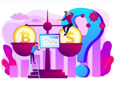 This vibrant illustration depicts a large balance scale weighing the values of Bitcoin (BTC) against the US Dollar ($), symbolizing the core theme of crypto lending and borrowing discussed in the article. On the left pan of the scale sits a large gold Bitcoin coin, while the right pan holds a gold US Dollar coin. A small figure on a ladder is meticulously adjusting a screen displaying a financial graph, positioned between the two pans, suggesting careful analysis of cryptocurrency markets. Another figure sits atop the US Dollar coin, looking apprehensive as they hold onto the scale's beam, conveying the inherent risks in crypto investments. A massive blue question mark with gears intertwined within it dominates the background on the right, further emphasizing the uncertainties and complex decisions involved in decentralized finance. The image effectively visualizes the comparison and potential volatility between traditional currency and digital assets like Bitcoin, directly relating to CoinRabbit's role as a crypto lending platform where investors and borrowers navigate these fluctuating values.