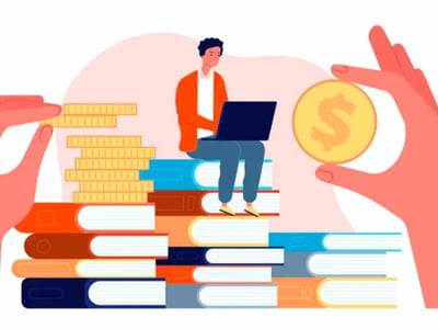 A digitally illustrated graphic depicting the concept of student loans and income-based repayment options, featuring "The College Investor" logo in the bottom left corner. In the center, a young man with dark hair, wearing an orange sweater and blue jeans, sits casually on a stack of books while working on a laptop. The books beneath him are colored in shades of blue, orange, and gray, symbolizing education and knowledge. Two large, disembodied hands frame the central figure; the hand on the left holds a stack of gold coins, representing financial investment, while the hand on the right holds a single, large gold coin with a prominent dollar sign, symbolizing income or loan repayment. This visual metaphor illustrates the connection between investing in education through student loans and the potential for future earnings, directly relating to Edly's income-based student loans and income-sharing agreements discussed in the article.