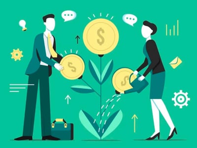 This illustrative image depicts two professionals, a man and a woman, actively nurturing a plant with coin-shaped leaves that symbolize investment growth and income. The man on the left is placing a large gold dollar coin onto a leaf, while the woman on the right is watering another coin-leaf with a watering can, signifying active management and cultivation of investments. Above them, thought bubbles, lightbulbs, and rising arrows suggest ideas, financial planning, and increasing returns. The scene is set against a teal background, with subtle icons like a graph, an envelope, and a gear representing financial analysis, communication, and systematic processes. In the bottom left, the logo "THE COLLEGE INVESTOR" is prominently displayed, grounding the visual theme in financial education and guidance related to topics such as the Net Investment Income Tax (NIIT), capital gains, and investment income for high-income earners.