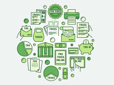 The image displays a comprehensive circular collage of green-hued icons on a subtle gray gradient background, representing various aspects of tax preparation and financial management. Central to the composition are multiple icons related to "TAXES" documents, including checklists and envelopes, emphasizing the theme of online tax filing software comparisons discussed in the article. Prominently featured are symbols of "TAX FREE" status, a printer, a bag of money, an open book, a pie chart with a "TAX" segment, a classical bank building, a piggy bank with a dollar sign, and credit cards, illustrating the financial tools and considerations for tax season 2024-2025. Two distinct icons display "PAY TAXES ONLINE" with a hand clicking, directly connecting to the article's focus on TurboTax, H&R Block, TaxAct, TaxSlayer, and Cash App Taxes. The bottom left corner features "THE COLLEGE INVESTOR" logo in white, branding the image as a resource for financial guidance.