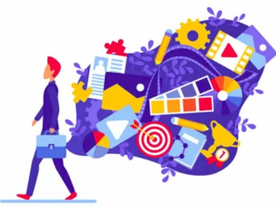 This illustrative image features a stylized man in a suit, carrying a blue briefcase, walking away from a large, abstract cloud of interconnected icons representing various creative and business elements. The man is depicted in profile, moving towards the left side of the frame, signifying progression or embarking on a venture. The cloud, predominantly in shades of blue and purple with yellow and red accents, contains numerous detailed icons such as gears, paint palettes, film reels, documents, a target with an arrow, a trophy, and other symbols related to design, production, and achievement. This visual metaphor effectively conveys the concept of diverse alternative asset classes and the potential for investors to diversify their portfolio by investing in collectibles, luxury goods, and other unique items, as discussed in the accompanying article about the Rally Rd. investment platform.