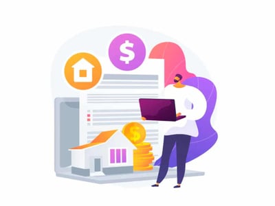 This illustrative image, set against a subtle gradient background, depicts a man with a beard and dark hair, dressed in a white long-sleeved shirt and dark pants, holding a purple laptop. He stands amidst various elements symbolizing financial and estate planning, which directly relates to the article's focus on Trust & Will services. To his left, a paper with text lines represents legal documents like wills or trusts. In the foreground, a white house with an orange roof and purple windows sits next to a stack of gold coins, emphasizing assets and property. Above, a circular orange icon with a white house silhouette further reinforces real estate, while a purple circular icon with a white dollar sign highlights financial aspects. These visual cues collectively represent the process of securing assets and planning for the future, which is the core offering of Trust & Will for individuals and young families. The logo "THE COLLEGE INVESTOR" is prominently displayed in the bottom left corner.