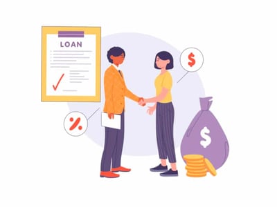 A professional-looking male, possibly a financial consultant in an orange blazer and dark pants, shakes hands with a female individual in a yellow shirt and striped pants, symbolizing an agreement or partnership regarding student loans. To the left, a large clipboard displays a document titled "LOAN" with a checklist and a prominent red checkmark, indicating completion or approval of a loan application. Below the clipboard, a circular icon with a percentage sign suggests interest rates or loan terms. To the right, a floating dollar sign in a red circle highlights the financial aspect of the discussion. Further right, a large purple money bag with a white dollar sign, accompanied by a stack of gold coins, represents the financial outcomes or the substantial amount of money associated with student loan debt. The overall image, titled "Student Loan Advice by White Coat Investor Review" in the article, illustrates the process of seeking and receiving professional student loan advice and financial planning, particularly from services like StudentLoanAdvice.com by White Coat Investor, aimed at efficiently managing repayment options and potential forgiveness programs. The "THE COLLEGE INVESTOR" logo is prominently displayed in the bottom left corner, reinforcing the article's source and its focus on helping individuals navigate complex student loan strategies based on income, marital status, and employment.