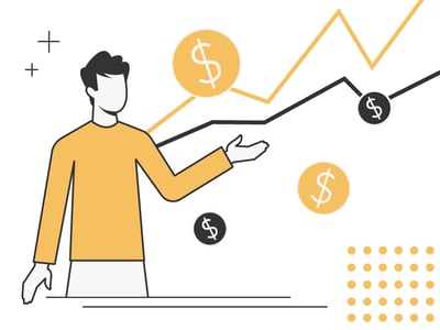 A modern, minimalist illustration depicts a male investor in a yellow long-sleeved shirt and light pants, gesturing with an open hand towards a dynamic financial graph. The graph features two distinct lines, one bright yellow showing an upward trend and another black line also rising, indicating growth in online stock brokerage firms and investing platforms. Interspersed along these lines are circular icons containing dollar signs, some yellow and some black, symbolizing money and investment returns. The background is white, adorned with abstract black cross and dot patterns, adding a contemporary feel.