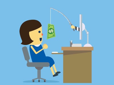 A cartoon illustration depicts a young female student, characterized by her brown bob haircut and blue dress, seated at a desk on the left, looking eagerly towards a computer monitor on the right. She has a wide, excited smile on her face and her hands are clasped together, conveying anticipation. A fishing rod extends from the computer screen, held by a striped, gloved hand reaching out from within the monitor, dangling a folded dollar bill as bait directly in front of the student. The desk features a stack of papers and a pen holder, suggesting a study environment. This image visually represents the article's topic of college scams, illustrating how students can be enticed by fraudulent offers, such as scholarship scams, financial aid scams, or student loan scams, that promise money or benefits in exchange for an upfront fee or personal information, ultimately leading to identity theft or financial loss.