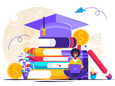 This vibrant illustration depicts a large purple graduation cap, featuring a gold tassel, sitting atop a towering stack of textbooks with colorful spines in shades of red, orange, and blue. To the right of the books, a smiling person with dark, curly hair is seated cross-legged on the floor, working diligently on a silver laptop, symbolizing student loan borrowers engaged in their studies or financial planning. Around them, elements like two golden coins with dollar signs, a potted plant, a red pencil, and a paper airplane emphasize themes of education, finance, and aspirations. The background includes decorative swirls and dots, alluding to the complexities and processes involved in student loan programs like PSLF, TEPSLF, and the Biden Waiver discussed in the article. This image visually represents the journey through higher education and the financial considerations, including loan forgiveness, that many students face.