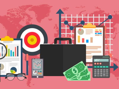 This illustrative graphic for an article reviewing HappyNest investment opportunities depicts various elements associated with financial growth and real estate investing against a red-tinted world map backdrop. In the foreground, from left to right, a magnifying glass highlights a clipboard displaying a bar chart and pie chart, symbolizing financial analysis. Next to it, a target icon with concentric red, white, and black rings represents investment goals. A black briefcase sits centrally, flanked by a smartphone showing a financial graph, and a calculator, alluding to careful financial planning. Green dollar bills are fanned out in front of the briefcase, emphasizing monetary investment. In the background, an upward-pointing blue arrow graph with data points and a grid signifies financial ascent and potential returns. The words "THE COLLEGE INVESTOR" are prominently displayed in white text in the bottom left corner, identifying the source of the content, which discusses how HappyNest enables individuals to start investing in real estate with minimal capital.