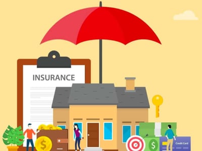 A vibrant illustration set against a warm, gradient yellow-orange sky with soft white clouds, depicting the concept of property and landlord insurance. In the foreground, a detailed, modern house with a dark grey roof and light brown walls stands prominently, symbolizing the asset being protected. Above the house, a large, bright red umbrella provides shelter, representing the protective coverage of an insurance policy. To the left of the house, a clipboard with a document titled "INSURANCE" underscores the core theme. Below this, small stylized figures, one appearing to be a real estate investor, interact with stacks of coins and dollar bills, emphasizing the financial aspects. To the right, a golden key, more stacks of money, and a target with an arrow reinforce the ideas of security, investment, and achieving financial goals. The "THE COLLEGE INVESTOR" logo is visible in the bottom left corner, linking the image to the article content about Steadily landlord insurance.