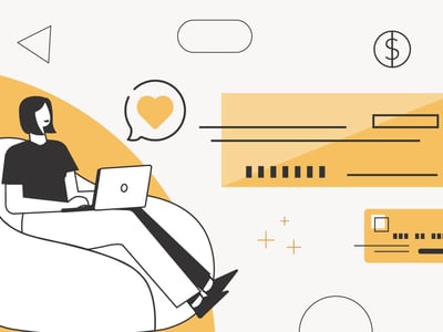 A minimalist, line-art illustration depicts a stylized person, likely a teenager or young adult, with short dark hair, wearing a black top and white pants, comfortably seated in a white, rounded armchair. They are actively engaging with a white laptop, symbolizing online banking and money management. Above their head, a speech bubble contains a yellow heart, suggesting satisfaction or positive feelings towards financial literacy. To the right, various financial elements are illustrated: a large yellow rectangle with horizontal lines and a small rectangle at the top right represents a blank check, indicating checking account features. Below it, a smaller yellow rectangle with dashed lines and a square represents a debit card, crucial for teen bank accounts. In the upper right corner, a circle with a dollar sign further emphasizes financial concepts. The overall image, titled "Best Teen Checking Account," visually represents the article's focus on helping teens learn money management skills through the use of checking and debit accounts, highlighting convenience and positive financial experiences.