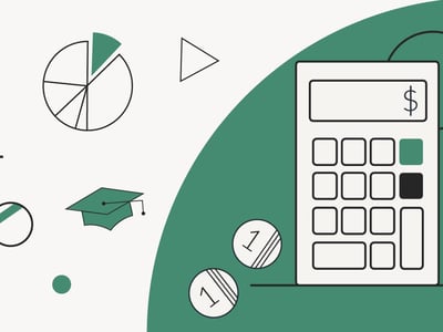 This image is a minimalist, two-toned graphic illustrating college cost estimates and financial planning. The left side, set against a light background, features outlined icons in black and green, including a pie chart with one slice highlighted in green, a magnifying glass, a graduation cap, and various geometric shapes like a plus sign, dots, and a triangle, all representing different aspects of college expenses. The right side is dominated by a large calculator with a dollar sign on its screen and two coins marked with "1" underneath it, all set against a solid green background. This visual effectively conveys the article's focus on calculating and understanding the true cost of attendance (COA), including direct and indirect costs like tuition, fees, housing, food, books, and transportation, and the importance of budgeting before borrowing for higher education.