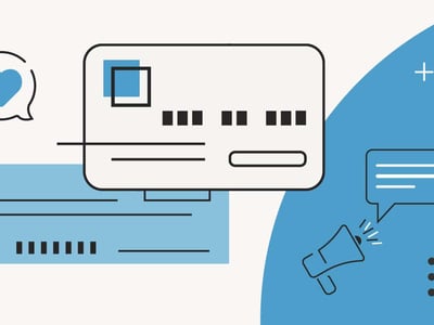 An illustrative image featuring a minimalist design with a dominant blue and white color scheme, representing financial communication and banking. The top left corner displays "THE COLLEGE INVESTOR" text. A speech bubble containing horizontal lines, symbolizing communication or messages, emerges from a megaphone icon on the left, emphasizing the bank's role in helping customers grow funds and find attractive APYs. On the right, a stylized credit or debit card is outlined, suggesting banking products like high-yield money market accounts. Below the card, a light blue rectangular shape with small black squares further reinforces the financial theme, connecting to Patriot Bank's offerings, minimum deposit of $1, and a 4.00% APY with no monthly fees.