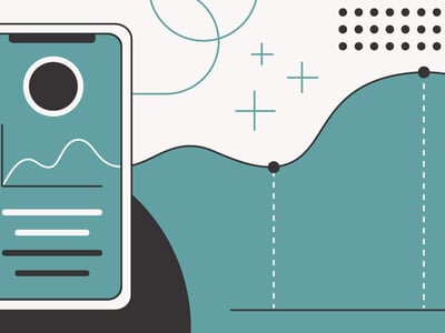 A graphic illustration featuring a light blue smartphone displaying a financial graph, representing the mobile trading capabilities of tastytrade for active investors. The phone, positioned on the left side, shows a simple line graph with an upward trend, indicating growth in options, futures, stocks, ETFs, or cryptocurrency investments, all of which are tradable on the tastytrade platform. In the background, a larger, undulating teal line graph with dotted vertical lines and small circles marking data points further emphasizes financial market trends and analysis tools available through the brokerage. Several white plus signs are scattered across the top, suggesting positive returns or new investment opportunities. The lower left corner shows "COLLEGE INVESTOR" in bold white text against a dark grey, curved background, clearly identifying the publication reviewing tastytrade. This image visually supports the article's discussion of tastytrade as a low-commission broker with comprehensive tools for active traders.