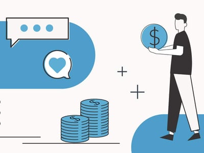 This image, relevant to an article discussing MPH.bank, features a minimalist illustration of financial management and customer satisfaction. On the right, a stylized person, dressed in black and white, holds a large blue coin with a dollar sign, symbolizing the act of saving or investing money. To the left, two stacks of blue coins with dollar signs represent accumulated savings, emphasizing the "savings goals" mentioned in the article about MPH.bank's helpful accounts. Above the coin stacks, a white speech bubble with three dots suggests communication or advice, while another smaller speech bubble contains a blue heart icon, signifying the "makes people happy" motto of MPH.bank. The overall color scheme is predominantly blue, black, and white, conveying a sense of trustworthiness and financial focus, while plus signs scattered in the background might represent growth or added value. The "THE COLLEGE INVESTOR" logo is visible in the upper left corner, branding the financial advice.