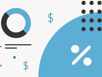 A stylized graphic for "The College Investor" article on Percent, an alternative investment platform for private credit. The image features a minimalist design with a light background and abstract shapes in black and blue, symbolizing financial concepts. On the left, a circular pie chart is partially filled with black and blue, representing diversification or investment allocation. Below it, a plus sign and horizontal lines suggest growth and data. Two blue dollar signs float in the middle, emphasizing the financial nature of the platform. On the right, a large blue semi-circle contains a prominent white percentage symbol, directly referencing the "Percent" platform and its focus on interest rates and investment returns from short- and mid-term loans and non-bank notes. A blue outline of a play button and a grid of black dots add a modern, digital aesthetic, consistent with Percent's role as a digital alternative investment platform for investors seeking to improve cash flow through private debt.