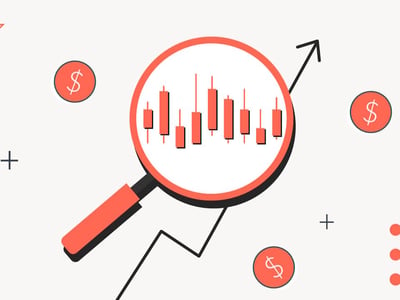 A vibrant, minimalist illustration on a white background visually represents the concept of how to research stocks for beginners, central to the article's focus on investing in stocks for a smart financial future. The primary element is a large red magnifying glass, prominently centered, with its handle extending diagonally downwards to the left. Inside the magnifying glass, candlestick charts are depicted in red and white, symbolizing market trends and stock analysis. Around the magnifying glass, several financial icons are scattered, including dollar signs in red circles and plus signs, suggesting growth and strategic investment. In the upper right corner, an upward-trending black arrow signifies increasing stock values and successful investment portfolio growth. The overall image reinforces the article's message that researching stocks doesn’t have to be overwhelming, but rather an accessible skill to learn the basics and get started.