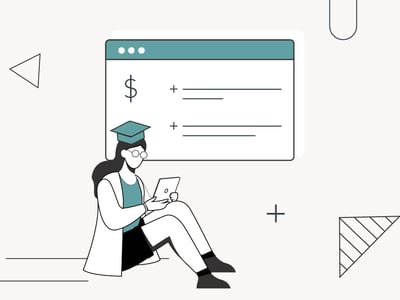 This illustration, from "The College Investor," shows a student in a graduation cap and gown, sitting and holding a tablet, with a financial checklist in the background. The checklist displays a dollar sign at the top, followed by two line items, each with a plus sign, representing financial considerations related to student loans for community college. This image visually reinforces the article's focus on the increasing costs of higher education, particularly for those exploring community college as a more affordable option, and the process of securing student loans to cover tuition and other expenses.