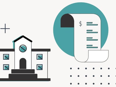 A minimalist graphic illustration depicts a white university building with dark outlines and blue window accents on the left, symbolizing higher education and institutional loans. To its right, a large unfurling scroll, also outlined in dark blue, features a dollar sign at the top and several lines of text, representing a bill, financial aid award, or loan document. This visual emphasizes the connection between colleges and financial obligations, such as university loans or private student loans. The background is a light, speckled pattern with a large teal circle behind the scroll and a plus sign near the university, reinforcing the article's focus on understanding and comparing different types of student loans, including those offered directly by colleges and universities.