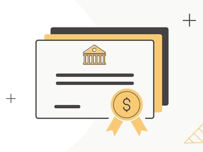 A stylized graphic illustrates the concept of no-penalty Certificates of Deposit (CDs). The central focus is a stack of three rectangular certificates, with the topmost certificate prominently displaying a yellow outline of a classical bank building icon and several horizontal lines representing text. A circular gold medal with a dollar sign in its center and a yellow ribbon hangs from the bottom right corner of the front certificate. The background is light gray with abstract geometric shapes in yellow and black, including plus signs and a curved rectangle, creating a modern and clean aesthetic. The upper left corner features the text "THE COLLEGE INVESTOR" in black capital letters. This image visually represents financial instruments like penalty-free CDs, which offer higher-than-average interest rates and flexibility for early withdrawals, akin to high-yield savings accounts, as discussed in the accompanying article on the best no-penalty CD rates.