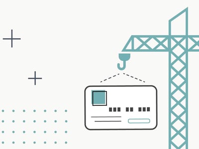 This illustrative image, featured in an article about credit builder loans, depicts a teal-colored construction crane carefully lowering a white credit card into place against a light gray background. The credit card features a prominent blue square on the left, possibly indicating a chip, along with lines representing account numbers and a signature panel. To the far left, partially visible, is another outline of a rectangular card shape. Scattered across the background are small plus signs and a pattern of teal dots, adding to the graphic, clean aesthetic. At the top left, the logo for "The College Investor" is displayed, featuring a graduation cap icon. The image visually represents the concept of building or rebuilding credit, like with services from Cheers, by showing a credit card being constructed or put into position, emphasizing the foundational aspect of these financial tools for improving credit scores.