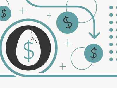 This graphic illustrates the concept of hidden fees and lost retirement savings, particularly relevant to old 401(k) accounts. A prominent black "O" shaped like an egg or nest has a cracked shell, revealing a teal dollar sign inside, symbolizing money trapped or hidden in old accounts. Teal dollar signs in circles are scattered around, some connected by curving teal lines and arrows, indicating the flow of money and the process of finding and consolidating funds. Plus signs and dotted patterns further emphasize the financial and organizational theme of the Meet Beagle service, which helps individuals track down and optimize these forgotten retirement investments, ensuring they don't miss out on free money or accrue unnecessary fees.