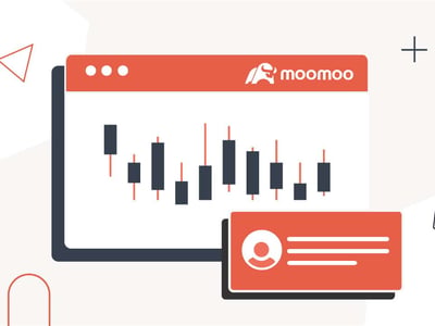 This detailed graphic showcases the Moomoo trading platform interface, central to the article discussing its features and benefits for investors. The image features an open browser window with a vibrant orange header displaying the "moomoo" logo and text, indicative of the platform's branding. Within the browser, a black and red candlestick chart is prominently displayed, illustrating stock price movements with several red candlesticks indicating downward trends and black ones representing upward movement, relevant to Moomoo's free trades on US-based stocks and ETFs. Overlapping the bottom right of the browser window is a red rectangular notification box, featuring a generic white user profile icon and three white horizontal lines, suggesting user-specific alerts or account details within the app. The background is a light off-white with subtle abstract geometric shapes in red and black, including triangles, plus signs, and a semi-circle, adding a modern, digital aesthetic that reinforces the technology-driven nature of online discount brokerages like Moomoo.