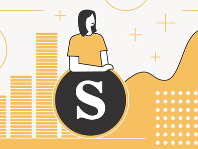 An illustration depicts a woman with dark hair and a yellow shirt leaning on a large black coin featuring a white "S" in the center, symbolizing savings and investment growth. The background is a vibrant yellow with white financial graphics, including ascending bar charts on the left representing increasing wealth, a rising line graph on the right indicating market trends or high APY, and subtle plus signs suggesting added value. This visual reinforces the article's discussion of Joinsave.com (Save) as a financial platform offering FDIC-insured savings accounts and significant returns, highlighting how users can make the most of their money through sophisticated investment strategies and a relatively high yield. The image effectively conveys the concept of building emergency money and achieving higher returns on savings.