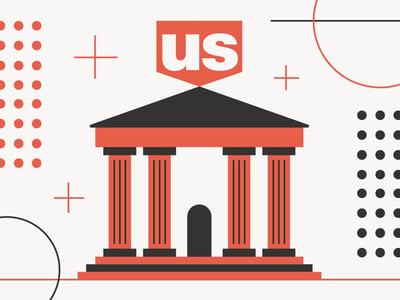 This graphic for The College Investor website features a stylized illustration of a classical bank building with four prominent red columns and a dark gray triangular roof, symbolizing the stability and traditional banking services offered by U.S. Bank. Above the bank, a red inverted triangle with "us" in white text represents the U.S. Bank logo, reinforcing the article's focus on this large national bank. The background is a light gray with a minimalist pattern of red and black geometric shapes, including dots, circles, and plus signs, creating a modern and clean aesthetic. This image accompanies an article discussing U.S. Bank's offerings, such as checking accounts like the Bank Smartly® account, and highlights its extensive network of branches, providing visual context for readers researching banking options.