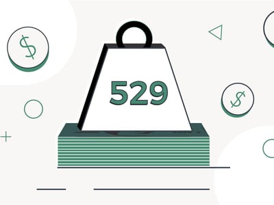A graphic illustrating the "529 plan penalty" features a large, white trapezoidal weight with the number "529" prominently displayed in dark green. This weight rests heavily on a substantial stack of green bills, symbolizing money or financial savings. The background is a light, clean design with minimalist financial motifs, including three circular dollar signs, plus signs, and triangles in a complementary green and dark gray, subtly reinforcing the theme of financial planning and potential costs. In the upper left corner, the logo for "The College Investor" is visible, including a graduation cap icon. This image effectively visualizes the burden or "penalty" associated with misusing a 529 plan, emphasizing the financial consequences of not adhering to qualified education expenses, as discussed in the accompanying article on avoiding the 529 plan penalty. Source: The College Investor