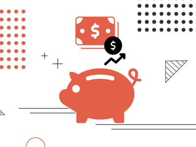 This vibrant graphic illustrates the concept of money market accounts and growing savings, featuring a prominent red piggy bank in the center. Above the piggy bank, a red rectangle stylized as a stack of money bills with a dollar sign indicates funds. To its right, a circular icon containing a dollar sign and an upward-trending arrow signifies increasing interest rates and financial growth, directly relating to the article's discussion of annual percentage yields (APYs) on money market accounts. The background includes various abstract geometric shapes and patterns in black and red, adding a dynamic, modern feel. The bottom left corner includes the text "COLLEGE INVESTOR", identifying the source of the content. This image effectively visualizes the benefits of parking savings, emergency funds, or large sums of cash in high-yield money market accounts, emphasizing the potential for increased returns as discussed in the article's top picks. Source: The College Investor