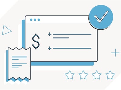 An illustration representing the concept of filing taxes early and receiving a refund. The image features a white browser window with a dollar sign icon and two lines indicating financial transactions or calculations, suggesting tax software at work. To the right of the browser window, a prominent light blue circle with a white checkmark inside signifies completion and approval, likely indicating a successful tax filing or refund. A crumpled receipt with lines representing itemized details is positioned to the left, and below the browser, three outlined stars denote a positive rating or review. Various light blue geometric shapes like triangles and plus signs are scattered around the background, adding a modern, clean aesthetic. The "THE COLLEGE INVESTOR" logo is visible in the top left, grounding the image in the context of financial guidance for students and early filers.