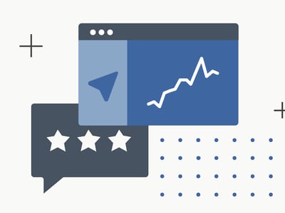An illustrative graphic for The College Investor website, featuring digital elements that represent financial tracking and reviews for the Copilot money app. The image displays a dark blue browser window on the right with a white line graph showing an upward trend, indicating positive financial growth or investment review. To the left and slightly below, a dark grey speech bubble icon contains three white stars, signifying a user rating or positive review for the budgeting tool. A light blue pointer icon is visible within a smaller section of the browser window. The background is a light cream color with a stylized dark blue shape in the upper left corner containing the text "THE COLLEGE INVESTOR," and additional plus signs and dot patterns further emphasize the digital and analytical theme related to personal finance.