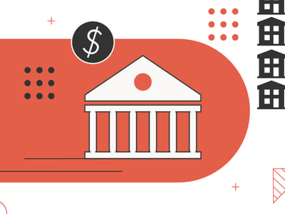 A vibrant, high-contrast graphic with a bold orange and white color scheme illustrates the financial relationship between real estate investors and banking institutions. On the left, against an orange background, a stylized white icon of a classical bank building with columns and a pediment is centrally positioned. Above the bank, a black circle with a white dollar sign signifies financial transactions and banking services. To the far right, a vertical stack of nine small, dark grey house icons represents multiple rental properties or real estate investments, hinting at the landlord aspect of the article. Various geometric shapes like dots, crosses, and partial circles are scattered across the image, adding a modern, abstract feel. In the bottom left corner, the logo "THE COLLEGE INVESTOR" with a graduation cap icon is visible. This image visually encapsulates the article's focus on the best banks for real estate investors and landlords, emphasizing the crucial link between financial institutions and property ownership.