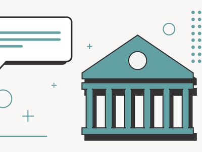 An illustration with a light background features a large, teal-colored bank building on the right with a triangular roof, a circular window, and six black columns, representing traditional banking institutions. To the left, a white speech bubble with a thick black outline contains three teal horizontal lines, suggesting a conversation or message related to financial advice. Several small teal plus signs and circles are scattered across the image, adding to the graphic design. The bottom left corner partially displays the text "COLLEGE INVESTOR" in black capital letters. This image visually introduces an article discussing the advantages of fintech companies like Chime over traditional big banks, particularly highlighting their fee structures and modern banking solutions for young people.