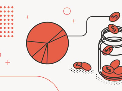 This illustrative image depicts the concept of 403(b) retirement plan contributions, featuring a red pie chart on the left, symbolizing the allocation of funds or a financial portfolio. A black line extends from the pie chart, connecting to a clear glass jar on the right, which is being filled with red coins marked with dollar signs. Several coins are shown falling into the jar, while others rest inside and outside the jar, emphasizing the act of saving and contributing. The background is a light, off-white color adorned with various red geometric shapes, including dots, circles, and plus signs, adding a modern, abstract touch. The overall image visually represents the mechanics of saving for retirement and managing 403(b) contribution limits, aligning with the article's discussion of annual deferral and combined contribution caps for 2026 and prior years. Source: The College Investor